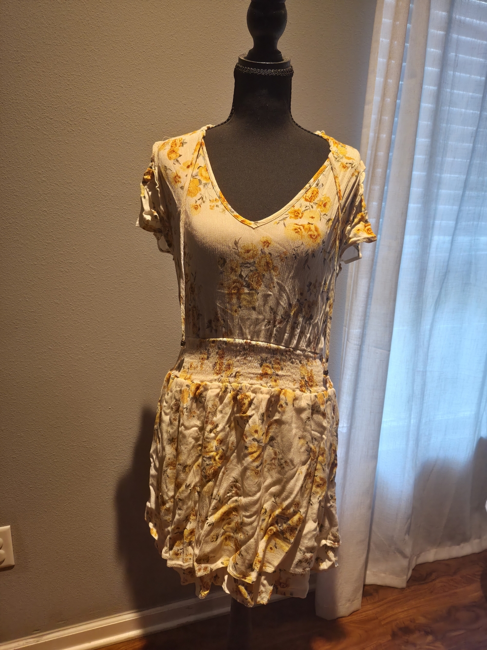Floral V-Neck Mini Dress in Cream and Yellow